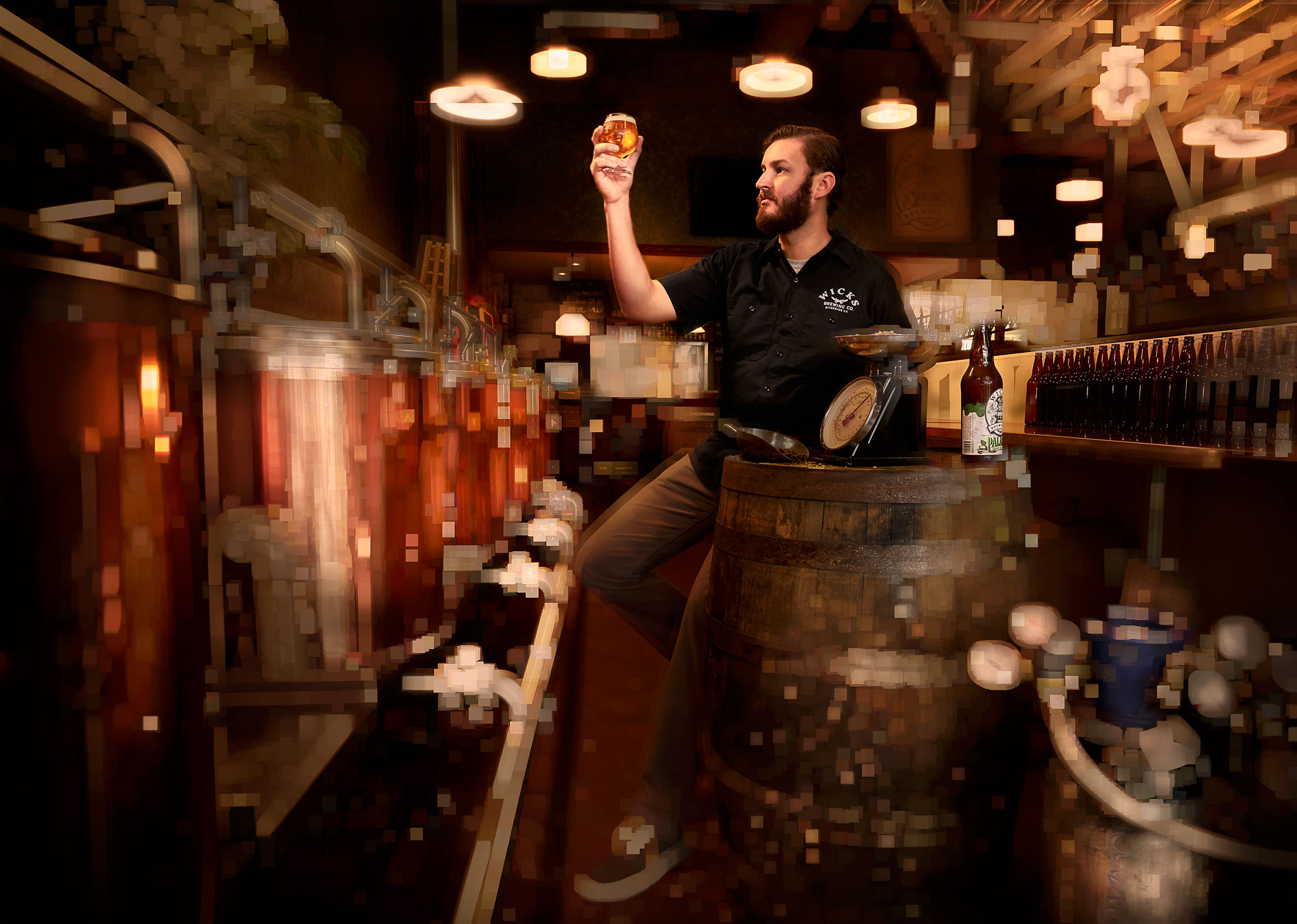 Wicks Brewery, a craft brewery and restaurant that has been winning brewery awards since 2013. The owner, Ryan Wicks, portraid in his brewery by Benoit Malphettes.